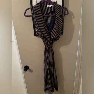 DR2 Striped Notch Lapel Midi Wrap Dress